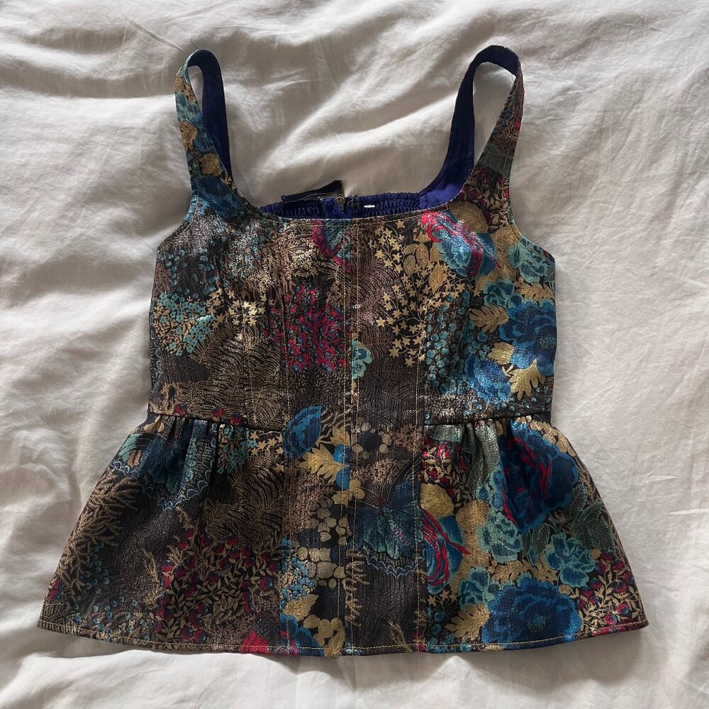 Anthropologie Metallic Floral Brocade Peplum Crop Top (Blue/Gold/Red) SIze 6